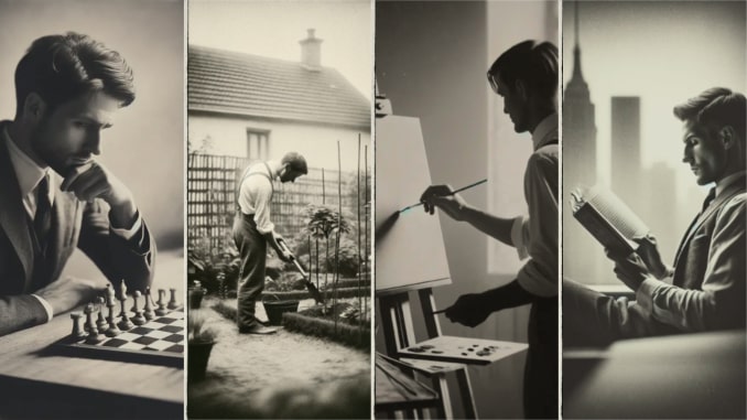 Männer Hobbys für Zuhause Schach, Gartenarbeit, Malen, Lesen.