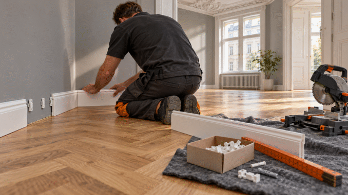 Präzise Sockelleistenmontage auf Wiener Fischgrätparkett